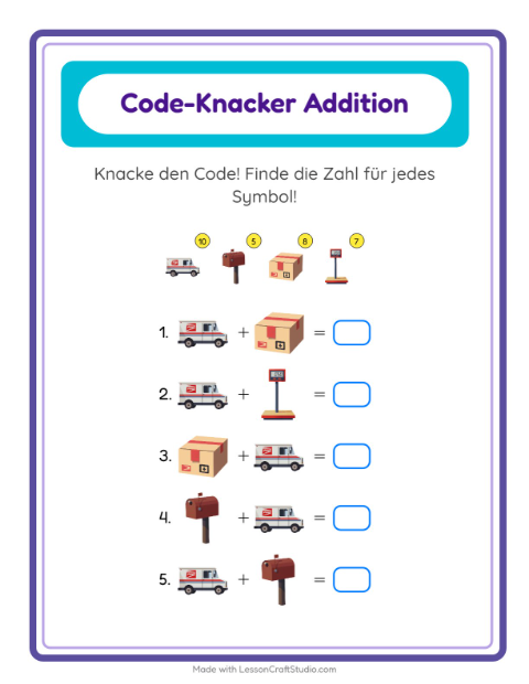 Vorschau: Code-Addition-Arbeitsblatt mit Postamt für Kindergarten