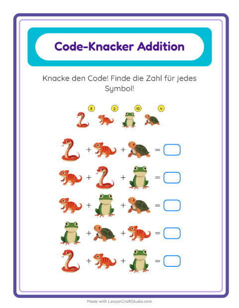 Bilder-Code knacken mit Fröschen, Schlangen und Schildkröten – Rechenrätsel für die 2. Klasse — 2