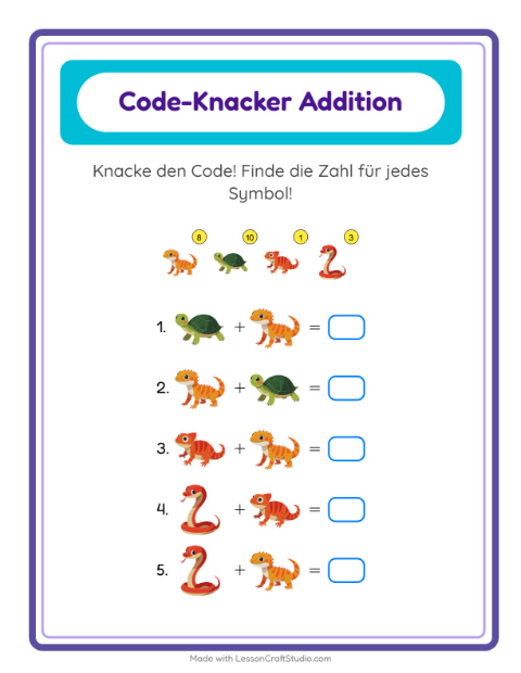 Vorschau: Code-Addition-Arbeitsblatt mit Reptilien und Amphibien für Kindergarten