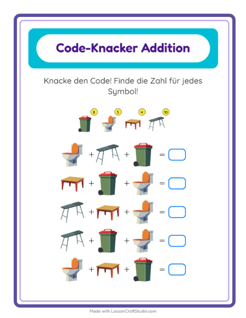 Vorschau: Code-Addition-Arbeitsblatt mit Rund ums Haus für Kindergarten