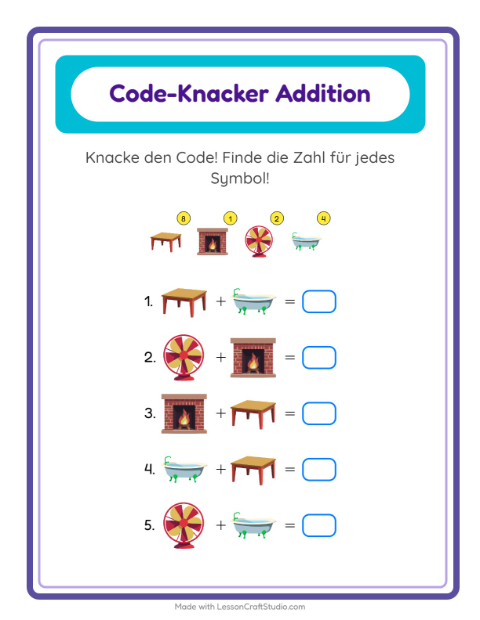 Vorschau: Code-Addition-Arbeitsblatt mit Rund ums Haus für Kindergarten