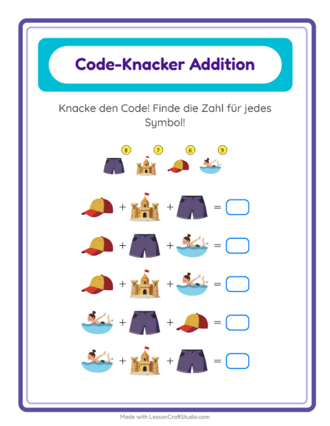 Vorschau: Code-Addition-Arbeitsblatt mit Sommer für Kindergarten