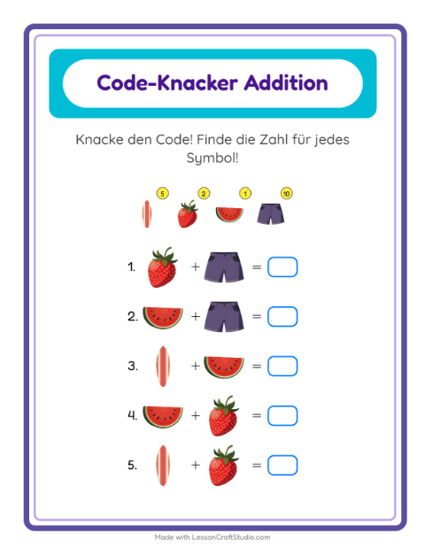Vorschau: Code-Addition-Arbeitsblatt mit Sommer für Kindergarten