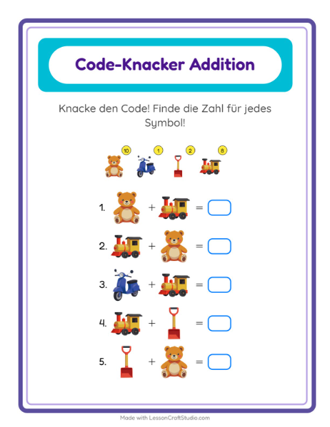 Vorschau: Bilder-Code knacken mit Bällen, Puppen und Robotern – Rechenrätsel für die 2. Klasse