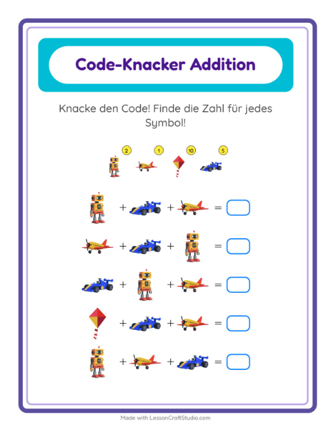 Vorschau: Code-Addition-Arbeitsblatt mit Spielzeug für Kindergarten