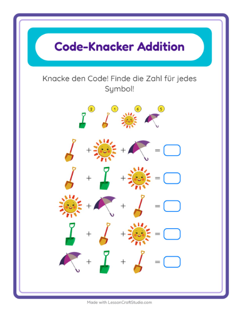 Vorschau: Code-Addition-Arbeitsblatt mit Strand für Kindergarten