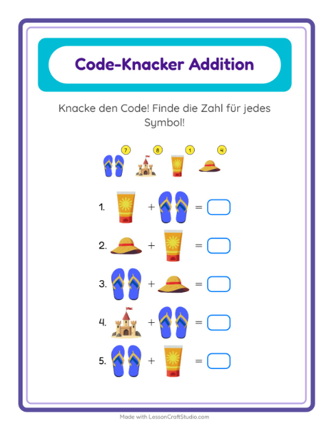 Vorschau: Code-Addition-Arbeitsblatt mit Strand für Kindergarten