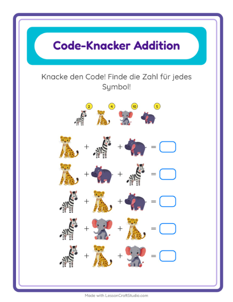 Vorschau: Code-Addition-Arbeitsblatt mit Tiere für Kindergarten