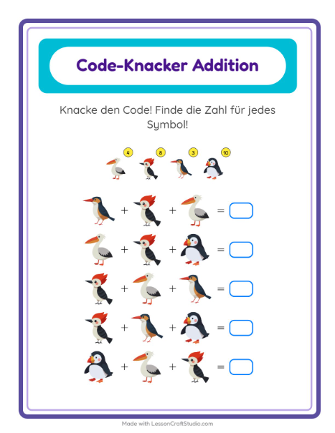 Vorschau: Code-Addition-Arbeitsblatt mit Vögel 2 für Kindergarten