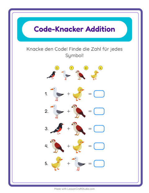 Vorschau: Code-Addition-Arbeitsblatt mit Vögel 2 für Kindergarten