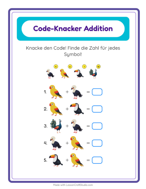 Vorschau: Code-Addition-Arbeitsblatt mit Vögel für Kindergarten