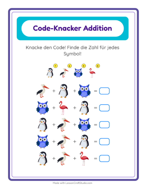 Vorschau: Code-Addition-Arbeitsblatt mit Vögel für Kindergarten
