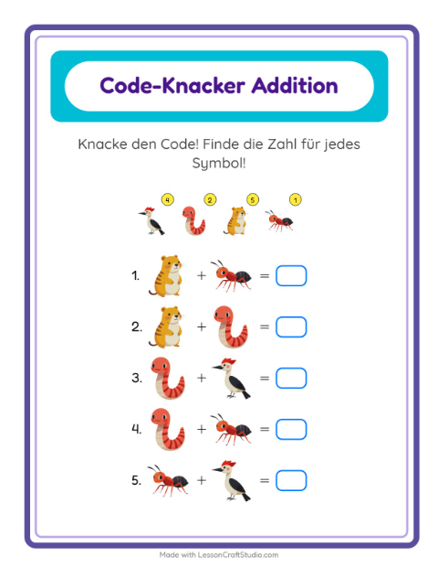 Vorschau: Code-Addition-Arbeitsblatt mit Waldtiere für Kindergarten