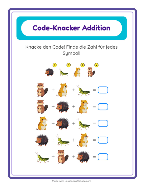 Vorschau: Code-Addition-Arbeitsblatt mit Waldtiere für Kindergarten