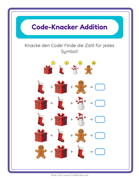 Vorschau: Code-Addition-Arbeitsblatt mit Weihnachten für Kindergarten