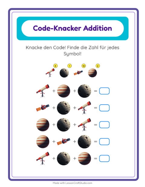 Vorschau: Code-Addition-Arbeitsblatt mit Weltraum für Kindergarten
