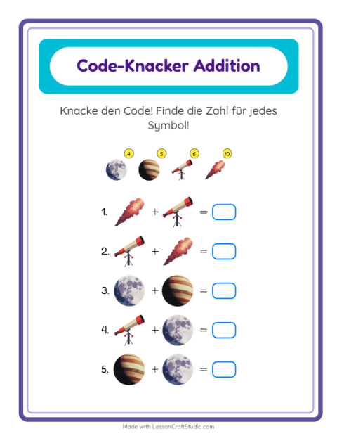 Vorschau: Code-Addition-Arbeitsblatt mit Weltraum für Kindergarten