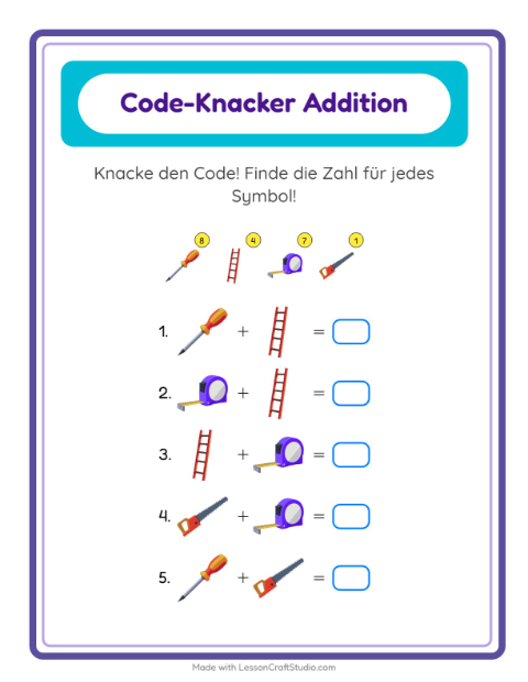 Vorschau: Code-Addition-Arbeitsblatt mit Werkzeuge für Kindergarten