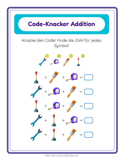 Bilder-Code knacken mit Hämmern, Handsägen und Schraubenschlüsseln – Rechenrätsel für die 2. Klasse — 2