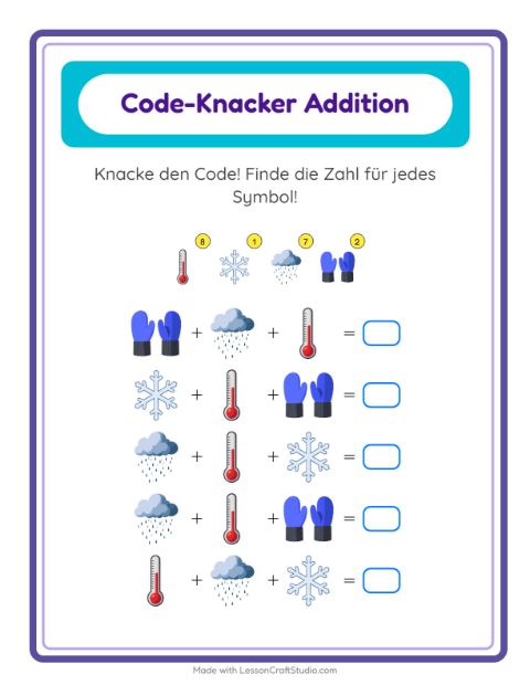 Vorschau: Code-Addition-Arbeitsblatt mit Wetter für Kindergarten