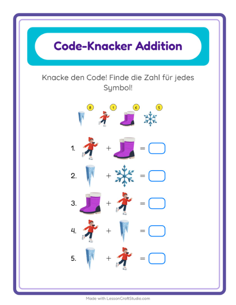 Vorschau: Code-Addition-Arbeitsblatt mit Winter für Kindergarten
