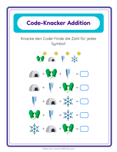 Bilder-Code knacken mit Schneeflocken, Schneemännern und Schlitten – Rechenrätsel für die 2. Klasse — 2