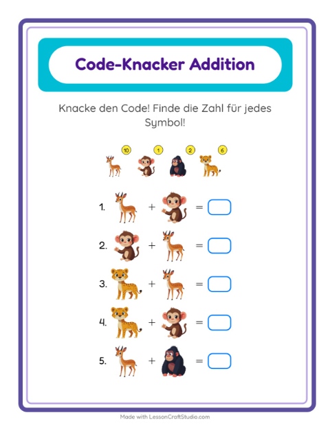 Vorschau: Code-Addition-Arbeitsblatt mit Zootiere für Kindergarten