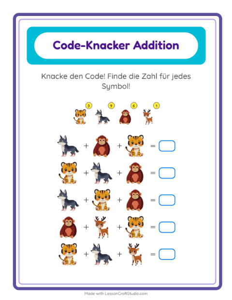 Bilder-Code knacken mit Löwen, Zebras und Giraffen – Rechenrätsel für die 2. Klasse — 2