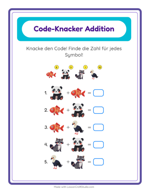 Vorschau: Code-Addition-Arbeitsblatt für Kindergarten