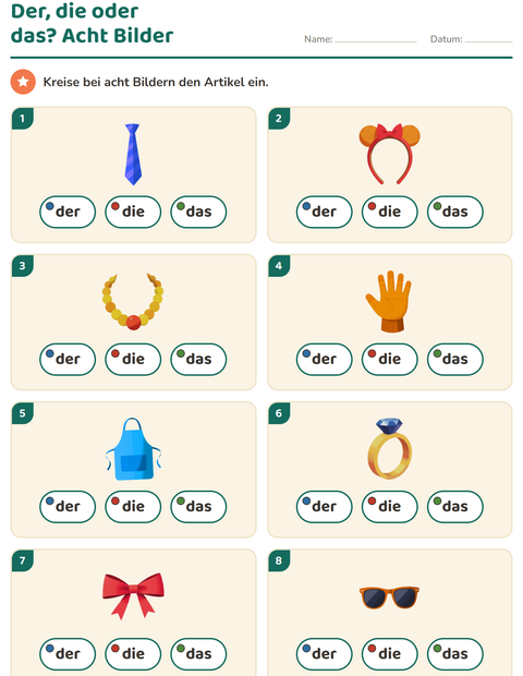 Vorschau: Der, die, das-Arbeitsblatt mit Accessoires für Kindergarten