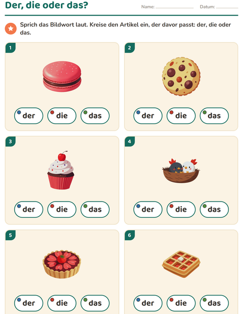 Vorschau: Der, die, das-Arbeitsblatt mit Desserts und Süßigkeiten für Kindergarten