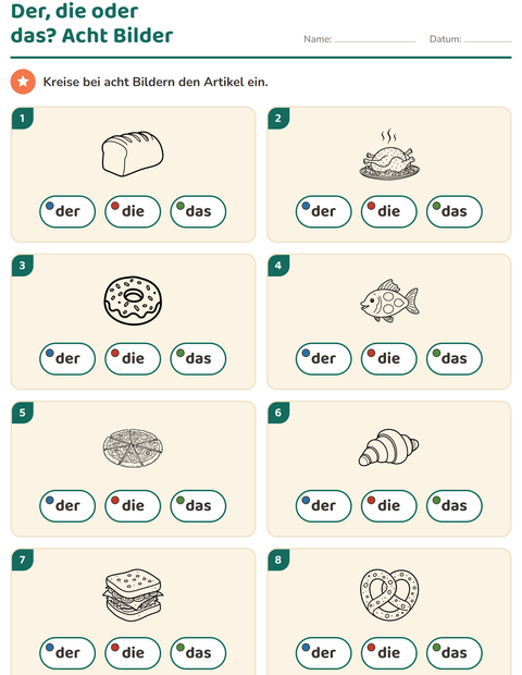 Vorschau: Der, die, das-Arbeitsblatt mit Essen SW für Kindergarten