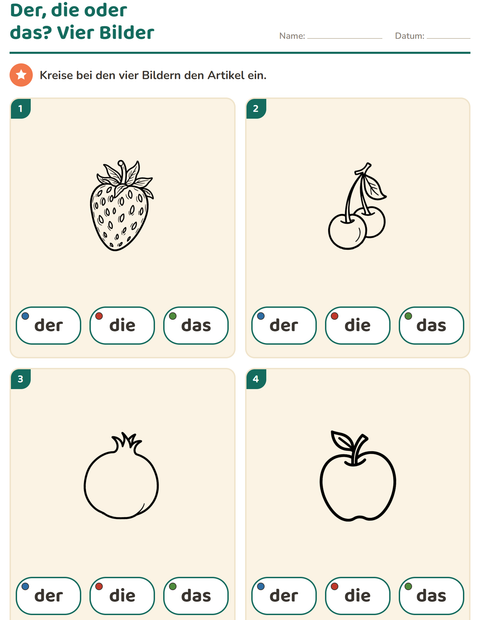 Vorschau: Der, die, das-Arbeitsblatt mit Früchte SW für Kindergarten
