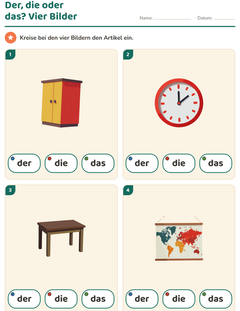 Vorschau: Der, die, das-Arbeitsblatt mit Klassenzimmer für Kindergarten