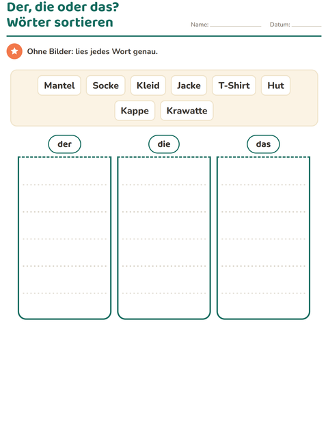 Vorschau: Der, die, das-Arbeitsblatt mit Kleidung SW für 1. Klasse