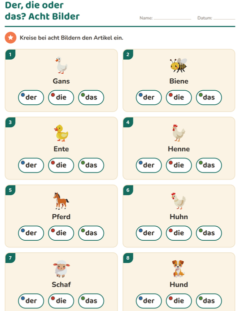 Vorschau: Der, die, das-Arbeitsblatt mit Bauernhoftiere für Kindergarten