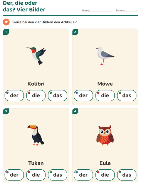 Vorschau: Der, die, das-Arbeitsblatt mit Dinge die fliegen für Kindergarten