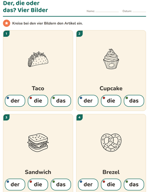 Vorschau: Der, die, das-Arbeitsblatt mit Essen SW für Kindergarten