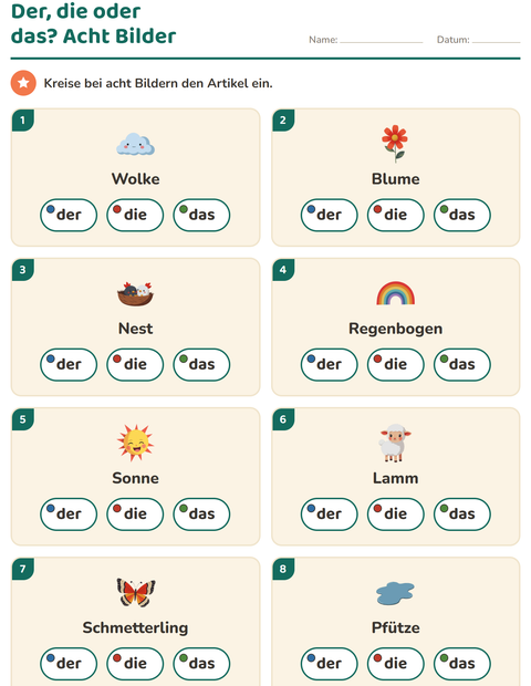 Vorschau: Der, die, das-Arbeitsblatt mit Frühling für Kindergarten