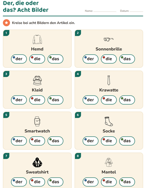 Vorschau: Der, die, das-Arbeitsblatt mit Kleidung SW für Kindergarten