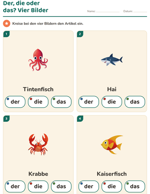 Vorschau: Der, die, das-Arbeitsblatt mit Meeresleben für Kindergarten