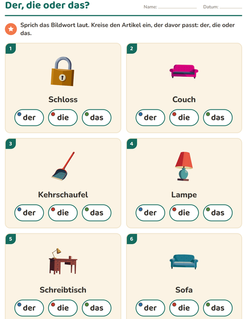 Vorschau: Der, die, das-Arbeitsblatt mit Rund ums Haus für Kindergarten