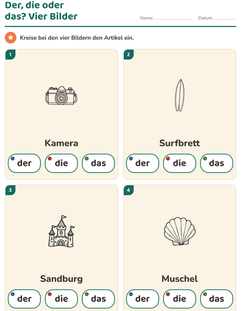 Vorschau: Der, die, das-Arbeitsblatt mit Strand SW 2 für Kindergarten