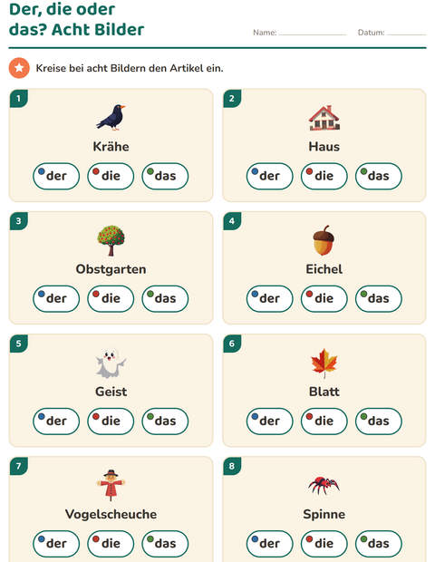 Vorschau: Der, die, das-Arbeitsblatt mit Verschiedenes für Kindergarten