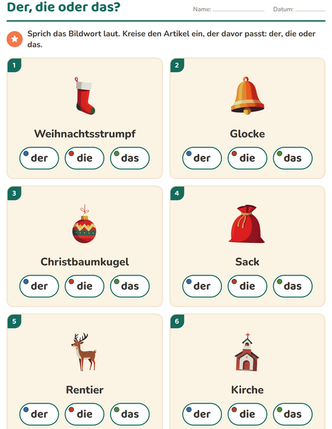 Vorschau: Der, die, das-Arbeitsblatt mit Weihnachten für Kindergarten