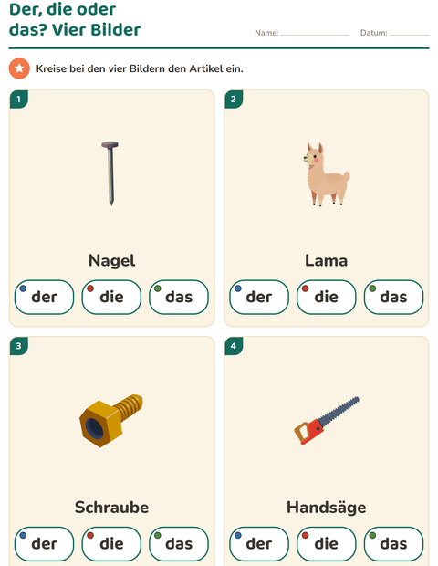 Vorschau: Der, die, das-Arbeitsblatt mit Werkzeuge für Kindergarten