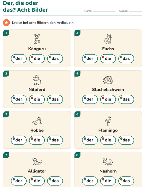 Vorschau: Der, die, das-Arbeitsblatt mit Zootiere SW für Kindergarten