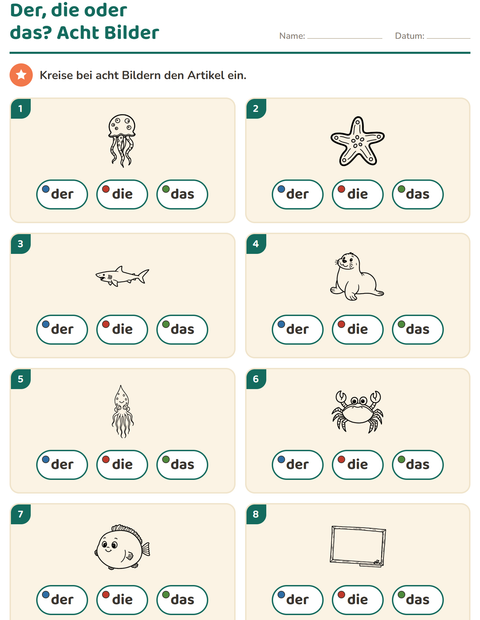 Vorschau: Der, die, das-Arbeitsblatt mit Meeresleben SW für Kindergarten
