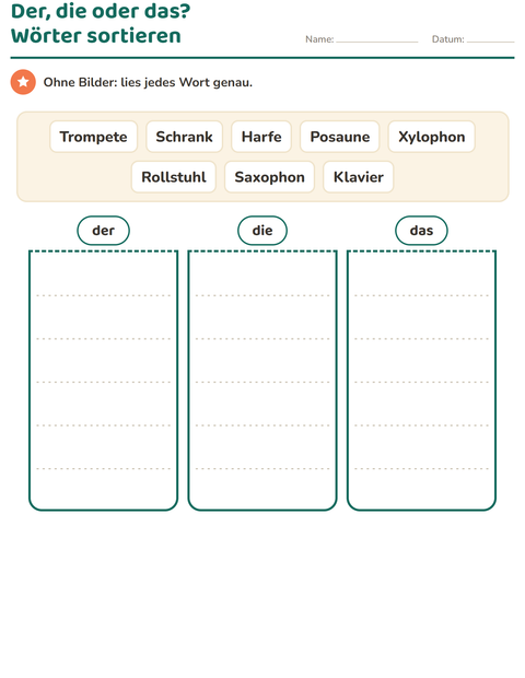 Vorschau: Der, die, das-Arbeitsblatt mit Musik für 1. Klasse