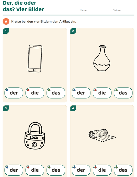 Vorschau: Der, die, das-Arbeitsblatt mit Objekte SW für Kindergarten
